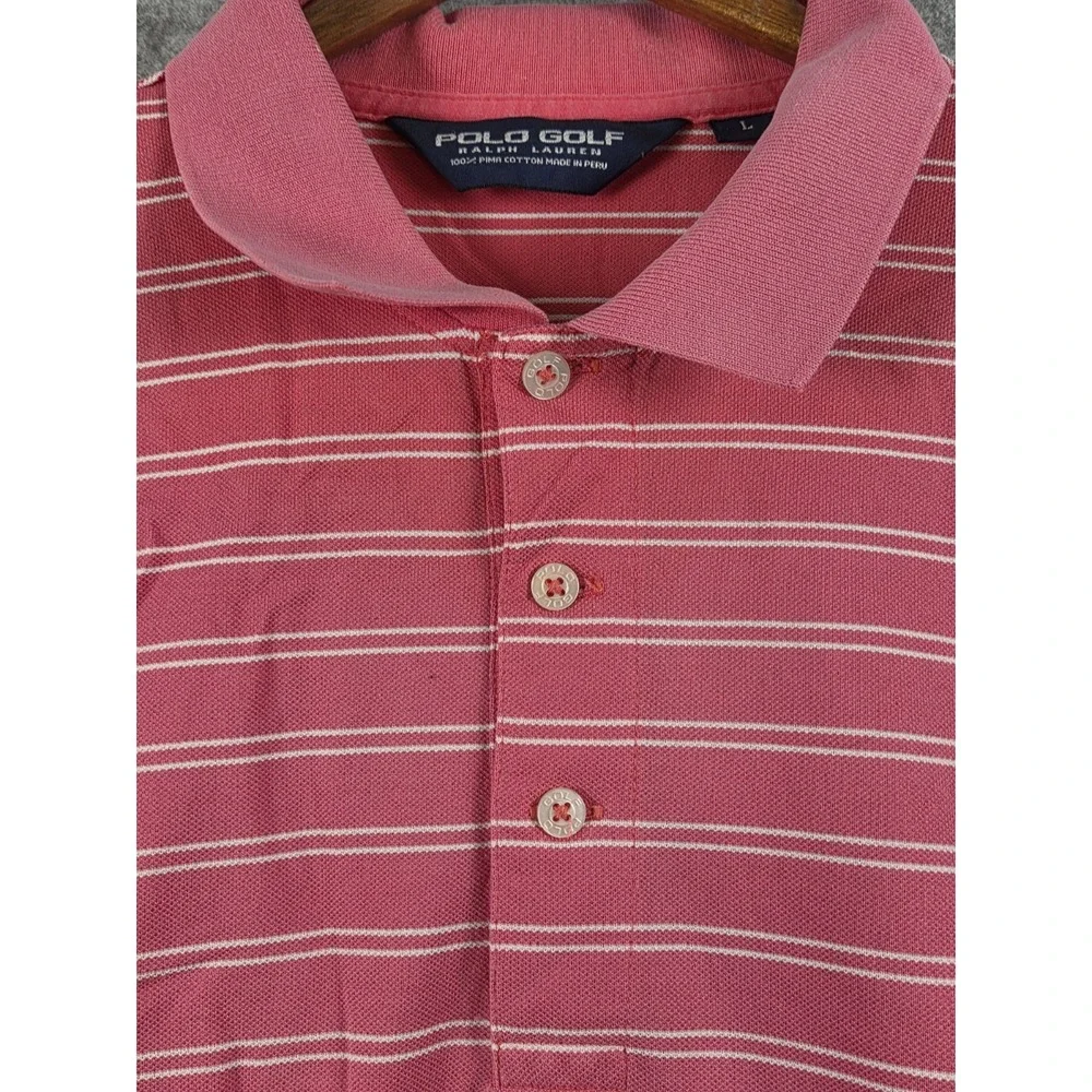 Polo Golf Ralph Lauren Mens Pink White Striped Pima Cotton Polo‎ Shirt Preppy